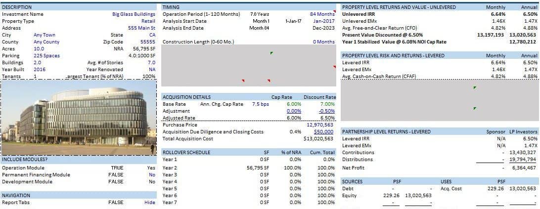 a screenshot of the summary page of the Adventures in CRE all-in-one underwriting model for real estate development and acquisition