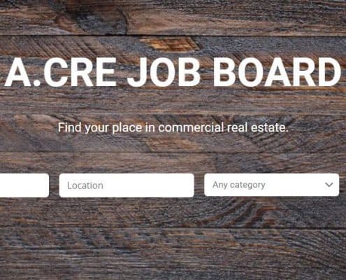 the adventures in cre job board with search box, wood desktop background, and title