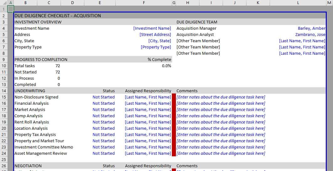 screenshot of the real estate acquisition due diligence checklist
