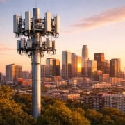 A hyper-realistic photograph of a modern cell tower, silver-gray structure, multiple visible antennas and equipment units, standing tall in the foreground. Behind it, a vibrant urban skyline.
