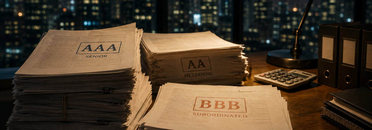 Stacks of documents labelled AAA senior, AA mezzanine and BBB subordinated, representing the tranches of a mortgage bond.