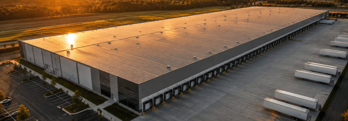 Aerial view of a large industrial warehouse at sunset for the AI Skill Industrial Development Model.