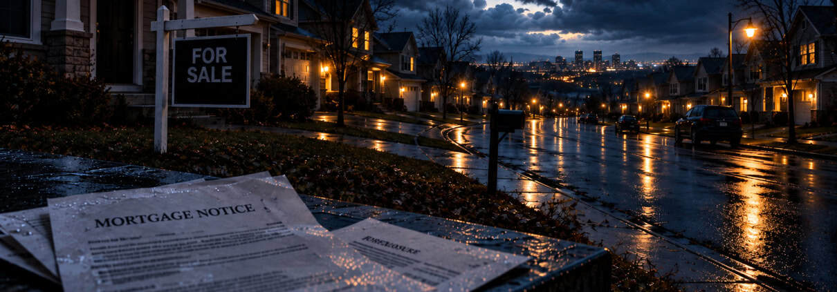 Falling housing prices, mortgage notice, and for-sale sign in a stormy neighborhood before the 2008 crisis.